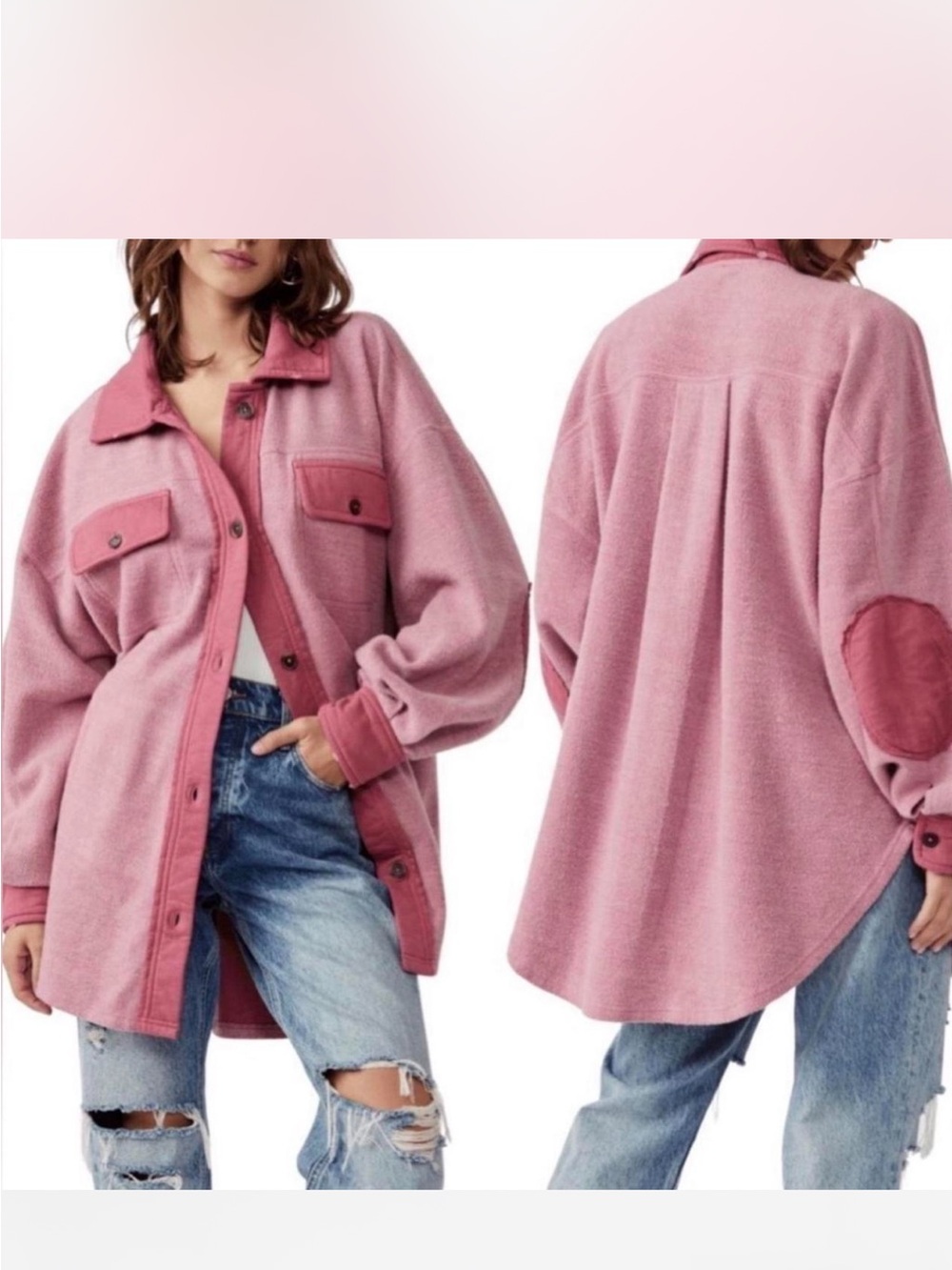 Free People Ruby Oversized Shirt Jacket with Elbow Patches in Dusty Pink